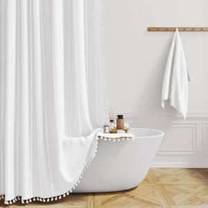 BTTN Extra Long Shower Curtain, 72x84 Inch Long Boho Tassel Linen Fabric Thick Shower Curtain Set with Plastic Hooks, Large Modern Farmhouse Country Decorative Cloth Shower Curtain for Bathroom, White