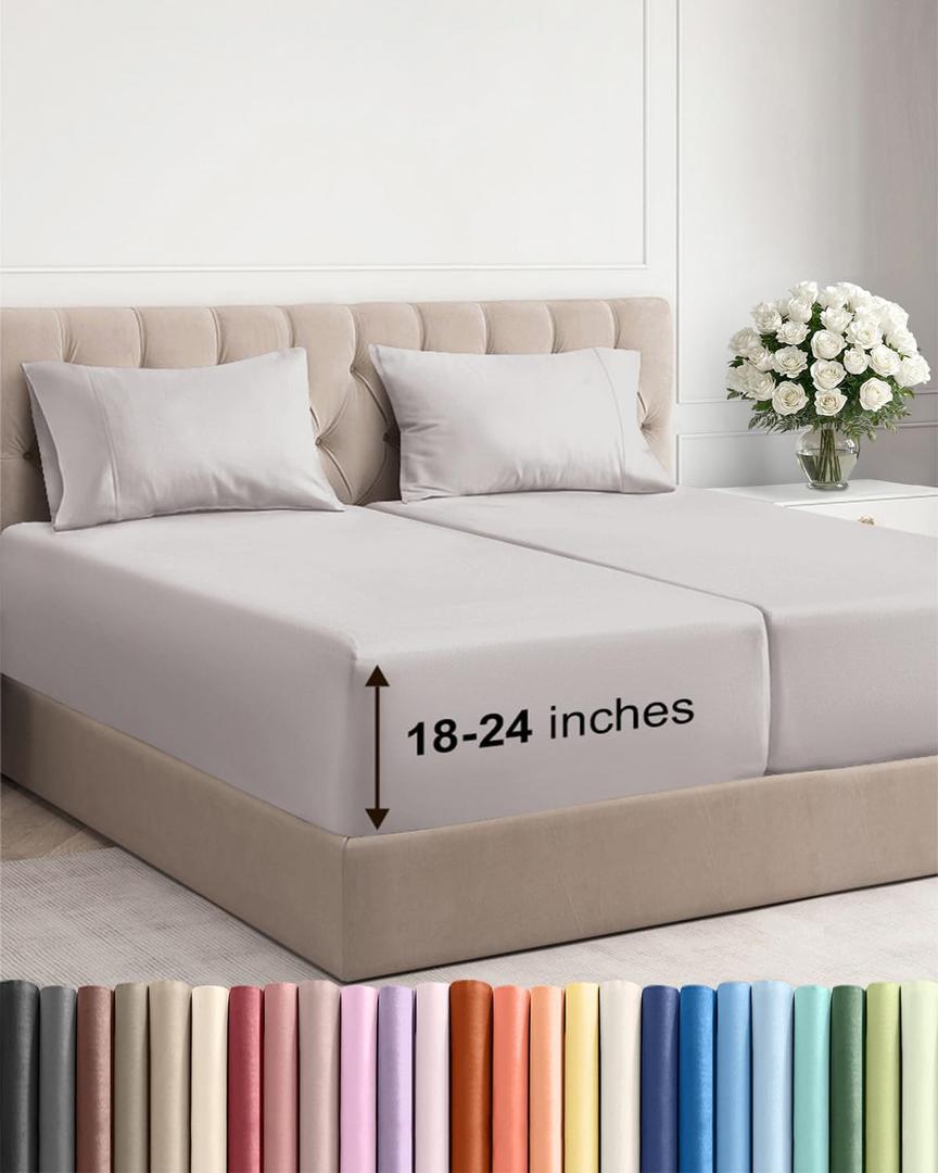 Extra Deep Pocket Split King Sheets - 5 Piece Breathable & Cooling Bed Sheets - Hotel Luxury Bed Sheet Set - Soft, Wrinkle Free & Comfy - Easily Fits Extra Deep Mattresses - Light Grey Sheets Set