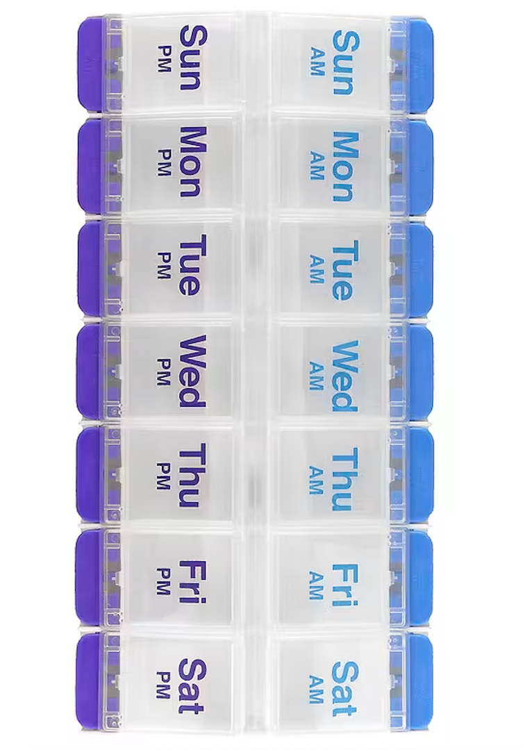EZY DOSE Weekly AM/PM Pill Organizer, 7-Day Vitamin Container and Daily Medication Box with Large Pop-Out Compartments, 2 Times a Day Pill Holder, Blue and Purple Lids, Travel-Friendly Design