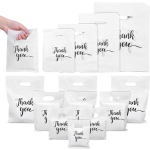 NBEADS 200 Pcs 4 Sizes Thank You Bags, White Thank You Merchandise Plastic Shopping Boutique Bags with Handles Die Cut for Small Business Clothes, Boutique, Party, Stores Retail