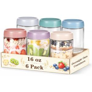 6 Pack Overnight Oats Containers with Lids, Wide Mouth Mason Jars 16oz, Glass Food Storage Containers with Airtight Lids, Overnight Oats Jars for Yogurt, Salad, Cereal, Snacks, Chia Pudding (Mixed Color)