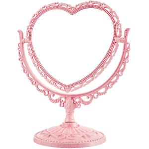 Jetec Heart Shaped Mirror Desktop Makeup Retro 360 Degree Rotation Standing Cosmetic for Dresser Room Decor Vintage Makeup Cosmetic Mirror(Pink)