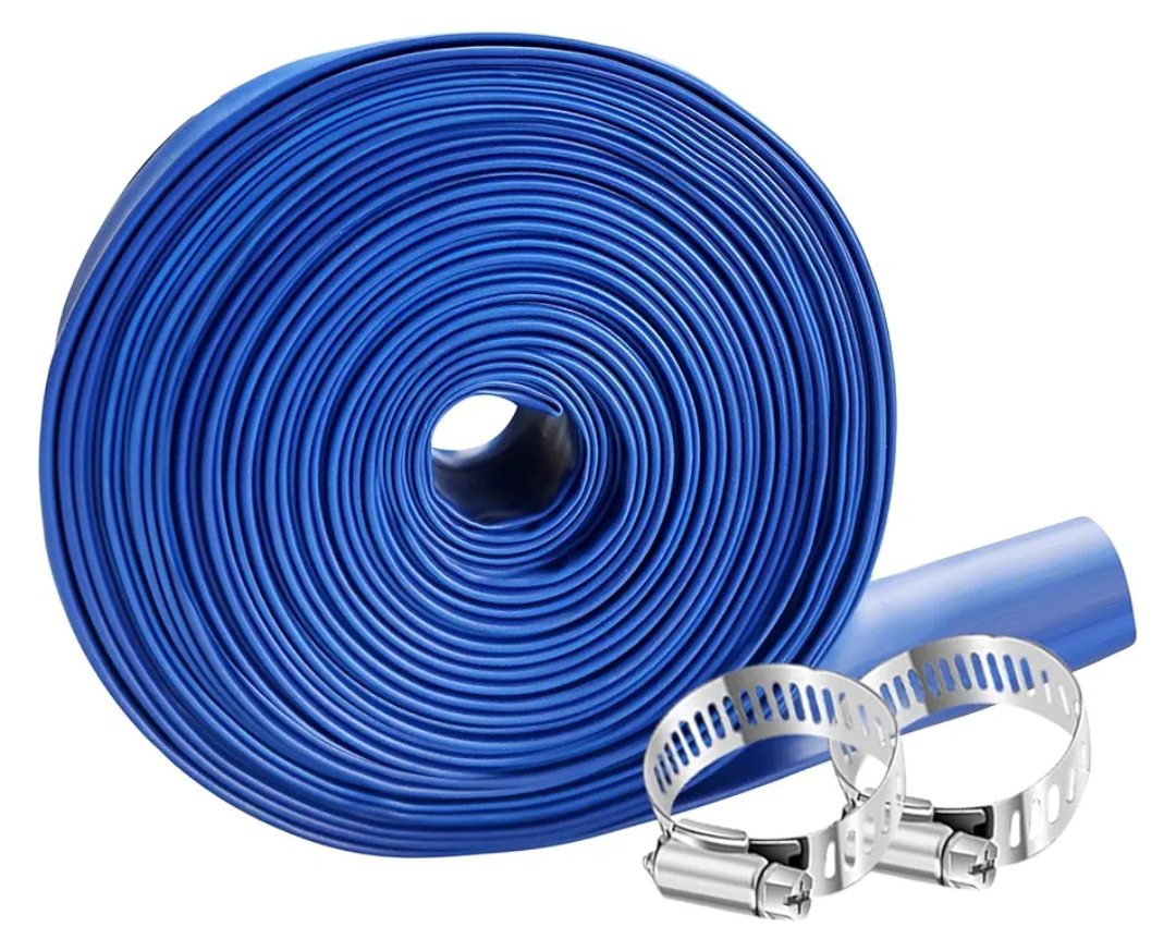 PVC Drain HOSE 2"*100ft, Pool Backwash Hose, Heavy Duty Reinforced Blue PVC Lay Flat Water, For Swimming Drain Pools and Clean Filters, with 2 Clamp