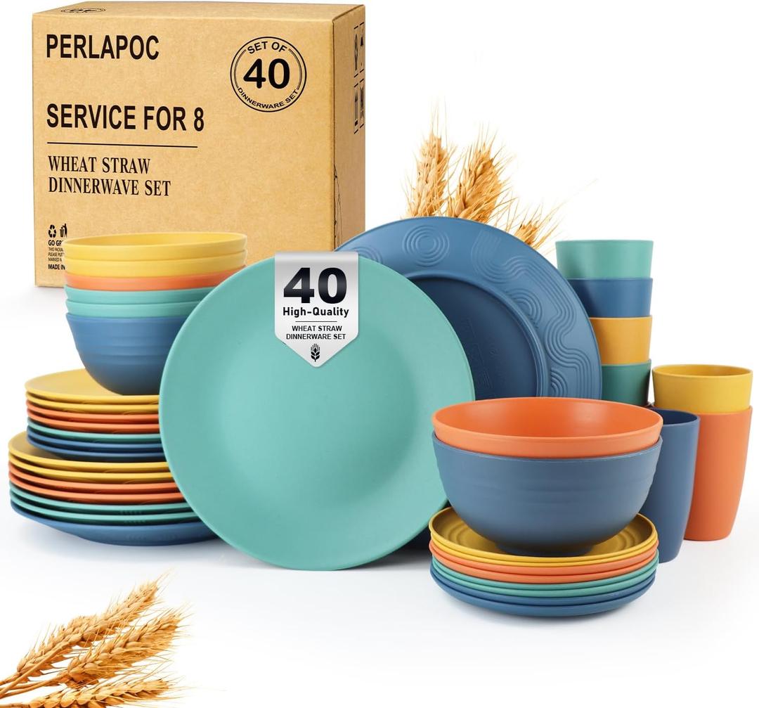 Perlapoc Wheat Straw Dinnerware Set 40 PCS  Service for 8 | Plates and Bowls Sets | Unbreakable Dishes Set  Dinner Plates, Dessert Plate, Cereal Bowls, Drinking Glasses, Dishwasher Safe  Multi