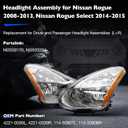 Headlights Assembly Compatible with 2008-2013 Nissan Rogue | 2014 2015 Nissan Rogue Select, Halogen Head Lights with Clear Lens Chrome Housing - LH+RH