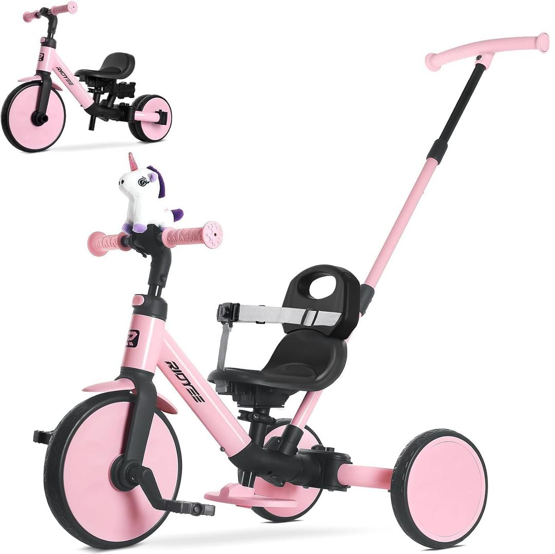 RIDYEE 5-in-1 Toddler Tricycle for Ages 1.55, Parent Steering Push Trike, Tool-Free Convertible to Balance Bike, Safety Belt, Removable Backrest and Footrest, Ride-On Toy for Boys & Girls, Pink