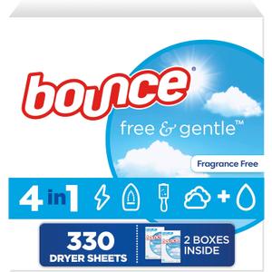 Bounce Free And Gentle Dryer Sheets For Sensitive Skin, Hypoallergenic, Free Of Dyes And Perfumes, Unscented, 330 Count
