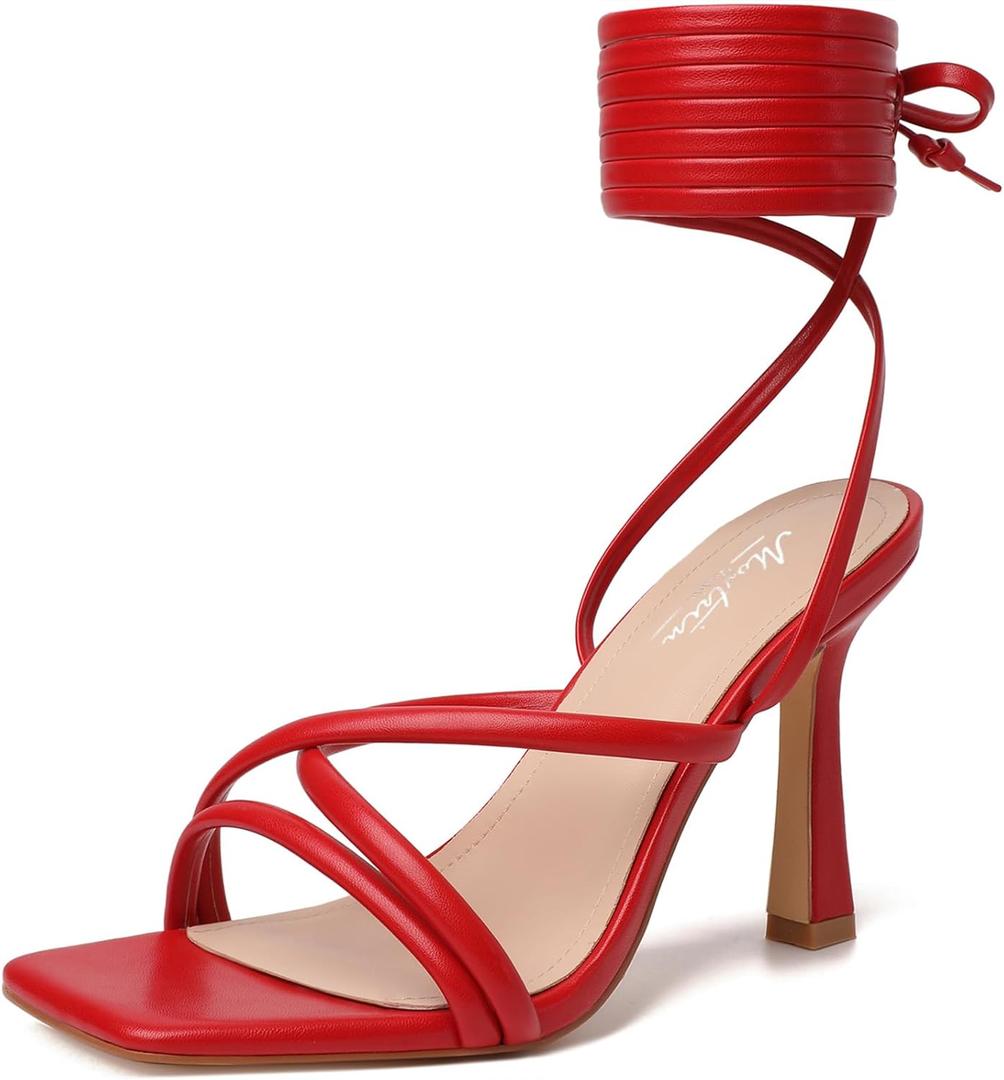 Mostrin Women's Sandals Strappy Heels for Women Lace Up Square Open Toe Heels Tie Up High Heeled Sandals for Prom, Party, Daily Wear (9.5, Red)