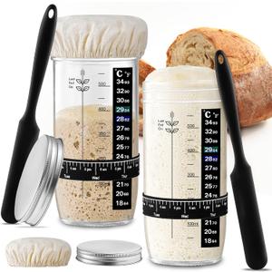 Glass Sourdough Starter Jar 2 Pack, 24 oz Wide Mouth Organic Sourdough Starter Kit with Date Marked Band, Thermometer, Cloth Cover & Metal Lid, Reusable Bread Baking Supplies, Bread Making Accessories