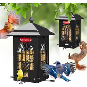 Kingsyard Squirrel Proof Bird Feeders for Outdoors with Weight-Activated Perches, 5 Lbs Capacity Large Metal Bird Feeder House for Small Wildbirds Cardinal Finch Bluebird, Weatherproof, Sequin Black