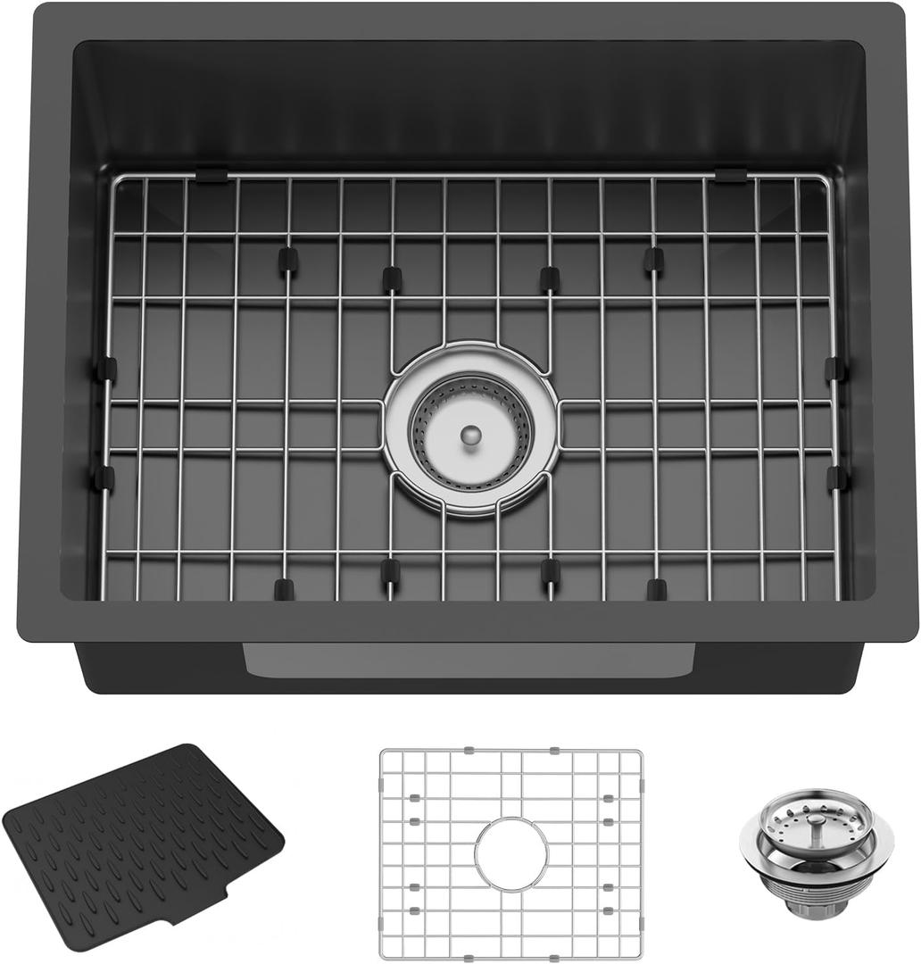 21x16In Black Kitchen And Bar Sink - Small Stainless Steel Undermount Single Bowl Drop In Kitchen&Bar Sink Ideal Choice For Small Space, Prep Area, RV With Bottom Grid,Soap Mat And Drain Assembly