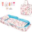 HappyVk Baby Doll Bed Set - Portable Doll Bassinet for Dolls up to 21 Inches - Handbag for Girl - Pink Roses