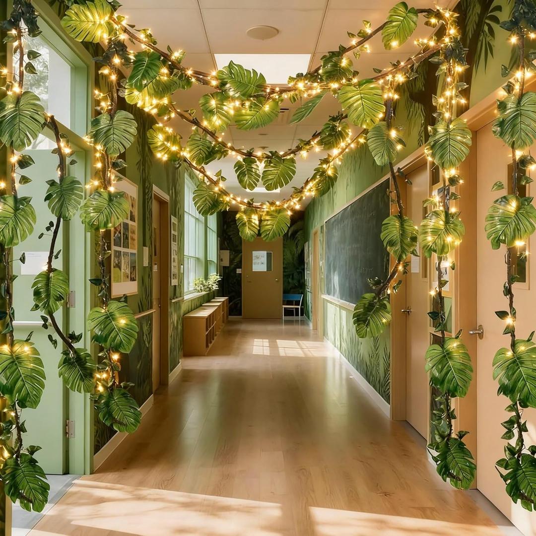 Preboun 20ft Jungle Theme Party Decorations with String Lights Tropical Rainforest Palm Leaves Safari Artificial Rattan Decor Set for Indoor Outdoor Forest Classroom Birthday Decor