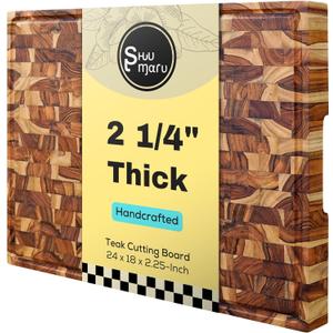 Shumaru Butcher Block Cutting Board - [24" x 18" x 2.25"], End-Grain Teakwood Kitchen Chopping Block with Non-Slip Feet, Built-in Handles & Juice Groove