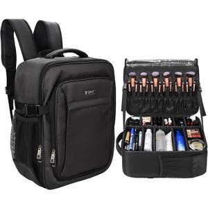 Relavel Makeup Backpack, Professional Travel Train Case Makeup Artist Kit Set Bag for Women Extra Large Cosmetic Organizer, Brush Storage Holder, with Adjustable High Dividers, Black