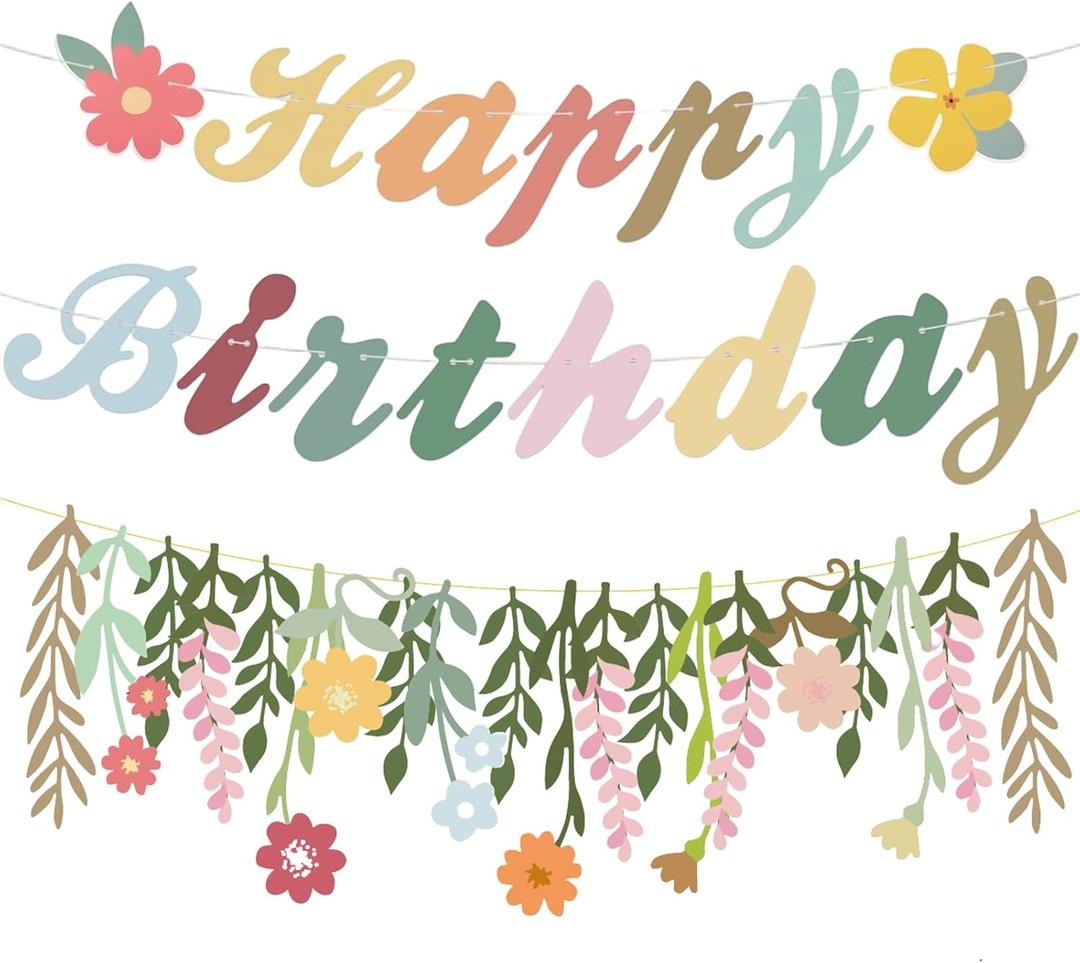 3 Pcs Flower Happy Birthday Decorations Hanging Paper Flower Garland Banner Spring Birthday Banner Groovy Boho Floral Party Supplies for Girls Women Fairy Wedding Garden Tropical Wall Decor