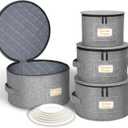 punemi China Storage Containers, Dish Storage w/Hard Shell Top Side Bottom Support & Felt Dividers for Charger Plates Dinnerware, Perfect for Moving Supplies, 4 set Stackable Fine China Storage, Gray