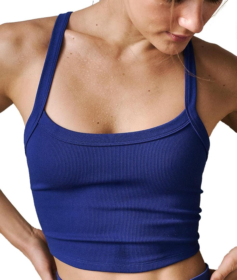 Tank Tops for Women Scoop Neck Crop Tops Athletic Workout Tops Cute Seamless Cami Ribbed Tank Tops (X-Small-Small, Royal Blue)