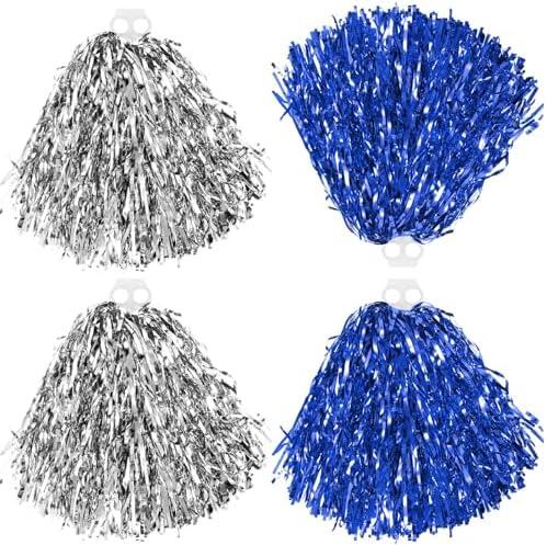 Thenshop Cheerleading Pom Poms 4 Pack Cheerleader Squad Spirited Fun Pompoms Cheer Hand Flowers Metallic Foil Pompoms for Adults Sports Meeting Team Spirit Cheering Party, Blue & Silver