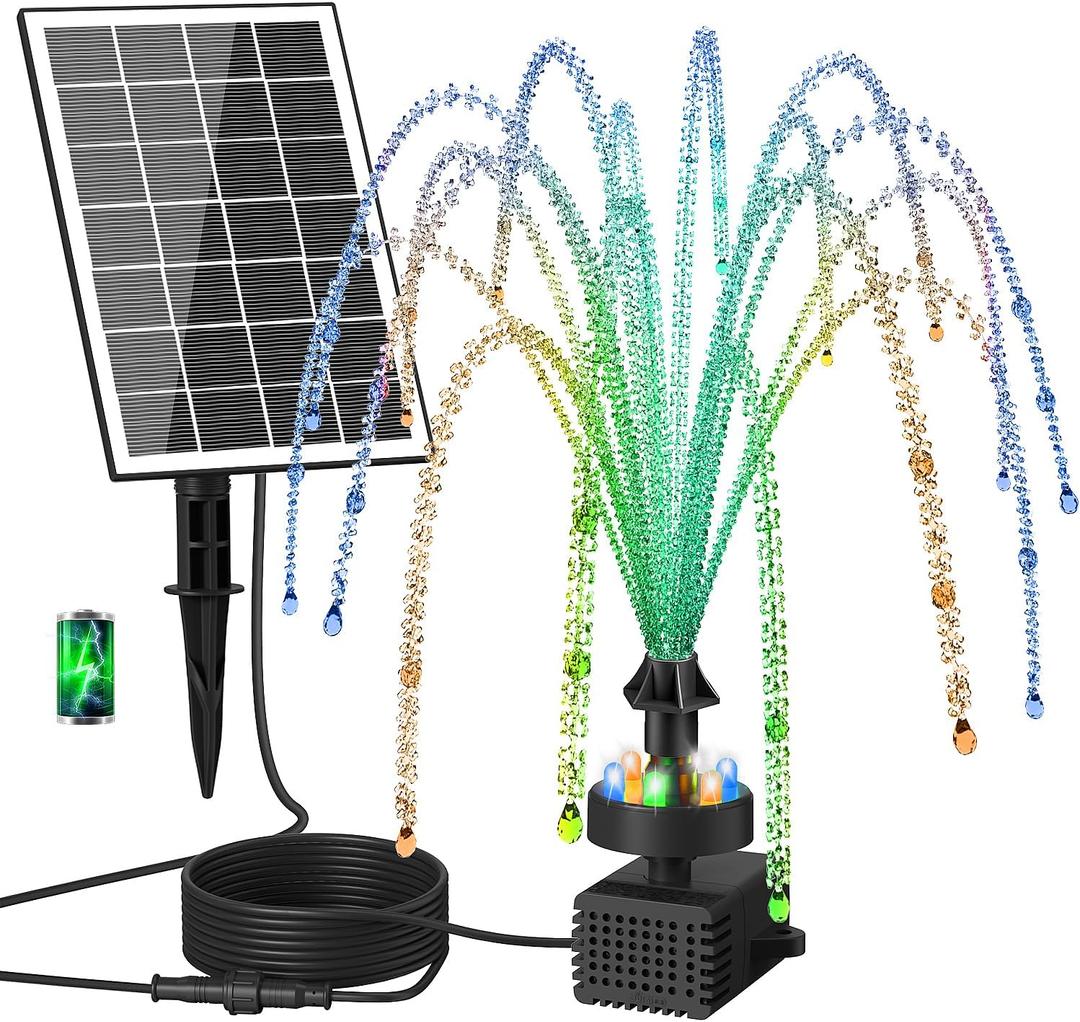 Solar Fountain Pump with Adjust Glass Panel, Upgrade 3.5W Solar Water Pump with Stake, 16.4ft Cable, 2000mAh Battery, Colorful Lights, Solar Powered Fountain Kits for Bird Bath, Hummingbird