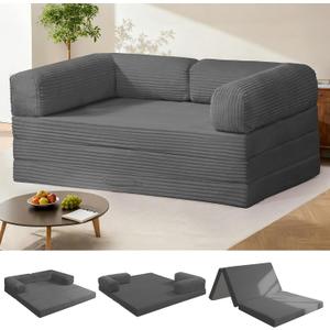 Tri-Fold Foldable Mattress, Convertible Folding Sofa Bed with Removable Arms & Washable Cover, All-in-One Portable Mattress Floor Sofa Bed, No Assembly Required & Non-Slip, Queen Size, Grey
