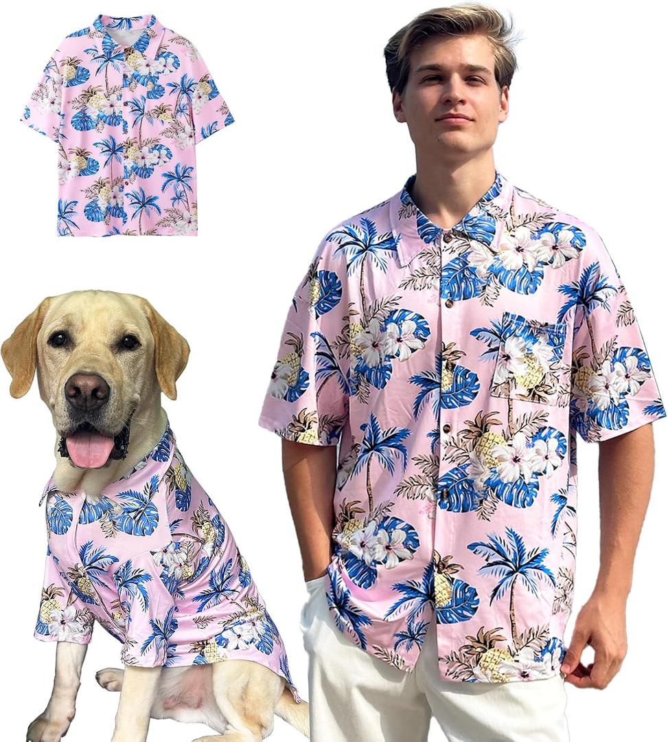 Hawaii Polo Shirt Breathable Cool Beach Style Pet Owners Pink T-Shirt Dog Matching Apparel Shirts,Medium Coconut Palm