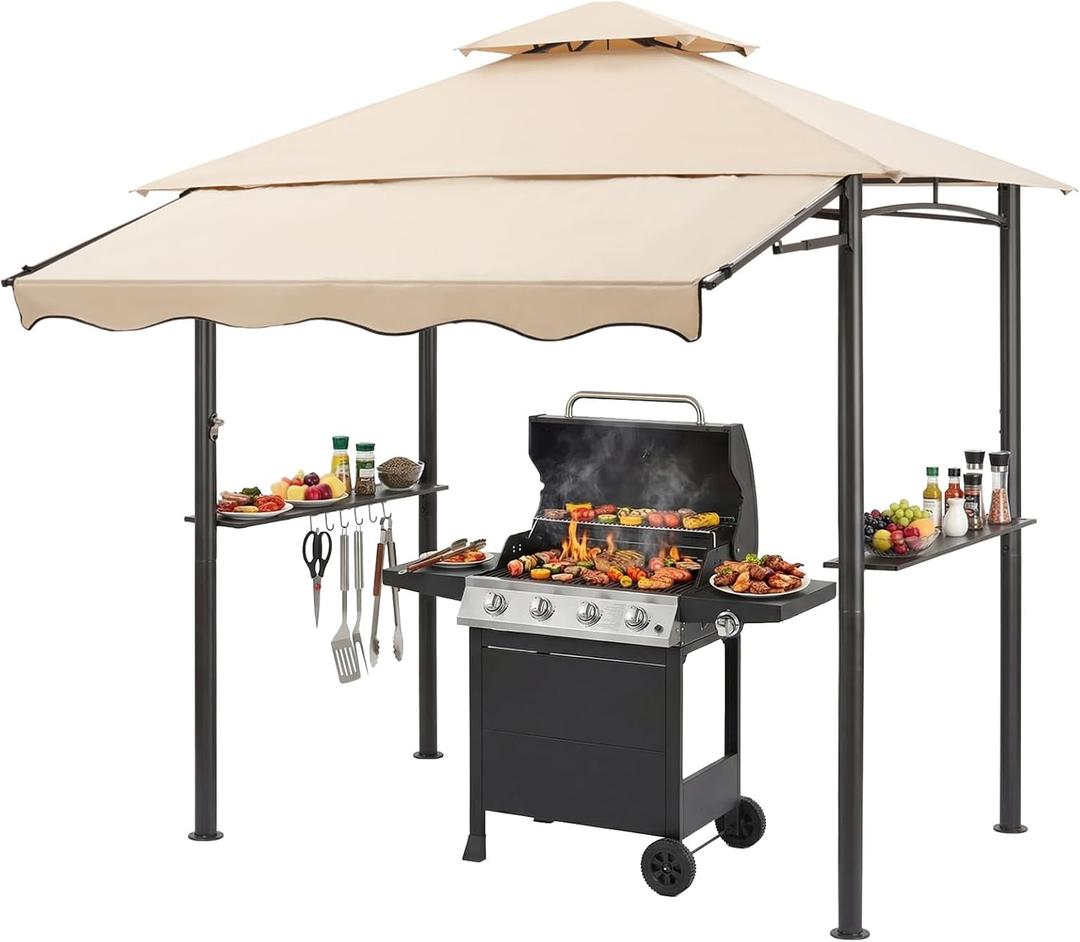 CHARMELEON 8x8 FT Grill Gazebo, Grill Canopy with Big Awning&2 Side Shelves&6 Hooks&Bottle Opener, Powder-Coated Steel BBQ Shelter for Patio Backyard Outdoor Grilling-Beige