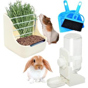 HERCOCCI Rabbit Hay Food Bin Feeder and Bunny Water Bottle Set, Hay Food Feeder Bowls Manger Rack with 500ml Hanging Water Dispenser Prevent Knock Over for Rabbit Guinea Pig Chinchilla (Large, White)