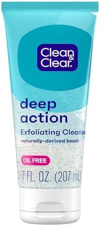 Clean & Clear Deep Action Exfoliating Facial Cleanser, Scrub & Face Wash, Pro-Vitamin B5, Lactic & Glycolic Acids, Oil-Free Gentle Daily Exfoliator for Soft, Smooth, Hydrated Skin, Vegan, 7 Fl Oz Tube
