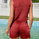 Tankaneo Womens 2 Piece Crochet Short Sets Summer V Neck Vest Tank Tops Cover Up Beach Mini Short Outfits Vacation Sets (Red) L
