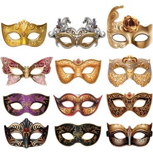 Blulu 12 Pcs Mardi Gras Masquerade Mask Set Paper Masquerade Masks Women's Costume Party Supplies for Mardi Gras, New Year's Day, Carnival, Prom, Venetian, Half, Retro