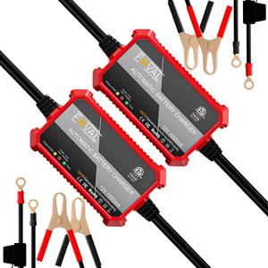 [2-Pack] FOVAL Fully Automatic Trickle Charger, 1000mA 12V Smart car Battery Charger, Battery Maintainer, Float Charger for Motorcycle, Car, Lawn Mower Boat SLA ATV Wet Gel Cell Lead Acid Batteries