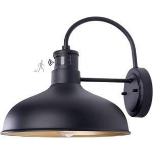 12in Exterior Barn Light Motion Sensor Black Outdoor Gooseneck Lighting Wall Mount Dusk to Dawn Farmhouse Style Outside Porch Light Fixture Outdoor Garage Barn Door Light for House, 12" Dome