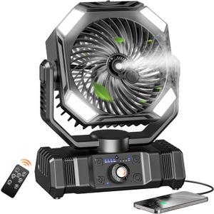SWEETFULL Portable Misting Fan Rechargeable, 20000mAh Battery Powered Camping Fan with 300ml Water Tank & LED Lanter, Remote Auto Oscillating Table Fan with Hook for Travel Outdoor Tent Beach (Black)