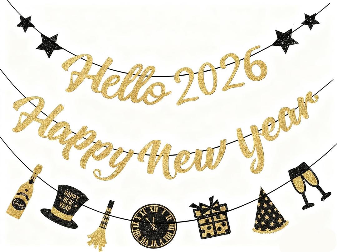IMISHM Glitter Gold New Years Decorations 2026 Pre Strung Banner Party Decorations 2026 Happy New Year Party Supplies Sign for Happy New Year Decorations