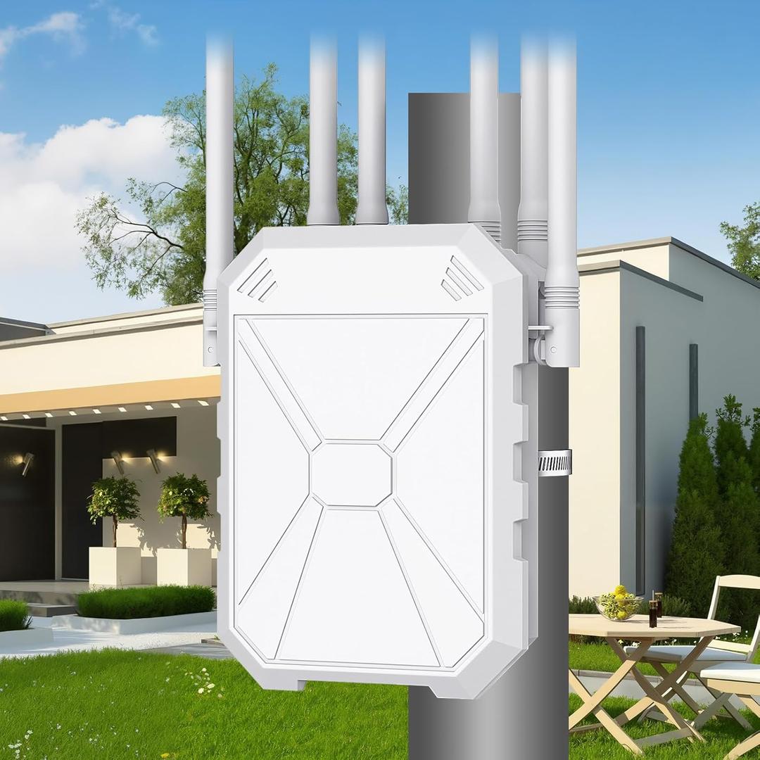 Outdoor WiFi Extender AX1800, Outdoor High Power Long Range WiFi Booster with 6 Antennas, Dual Band Outdoor Access Point Gigabit Port, WiFi Extenders Booster for Backyard, Garage, Farm, Pool (Ivory)