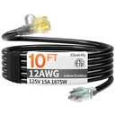 12awg 10 FT Heavy Duty Outdoor Extension Cord Waterproof with Lighted End,Black 12 Gauge Extension Cord Flexible and Cold Resistant 3 Prong Grounded Plug,15Amp 1875W SJTW ETL Listed