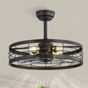 22 inch Black Caged Ceiling Fan with Light, Bladeless Industrial Ceiling Fan with Remote, Farmhouse Fan Lights Ceiling Fixtures for Kitchen, Bedroom, Outdoor (6 Speed, Timing) - Black