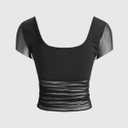 Women's Mesh Sheer Square Neck Crop T Shirt Ruched Short Sleeve Going Out Tops (L)