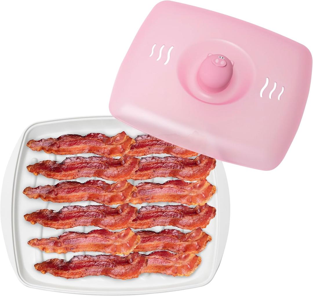 Joie Piggy Microwave Bacon Grooved Cooking Tray with Splatter Lid, Holds 4-5 Strips of Bacon, Easy to Clean, Convenient Kitchen Tool, BPA-Free, Dishwasher Safe (Piggy Bacon Tray)