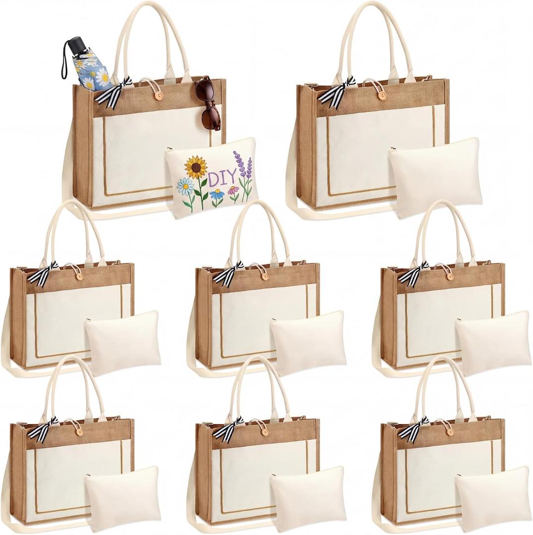 Sadnyy 16 Pcs Burlap Tote Bags Bulk with Crossbody Strap, Large