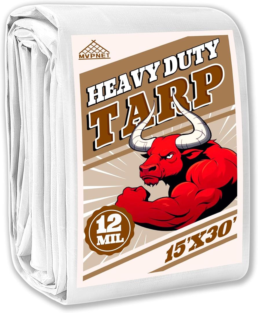 Tarp 15x30 ft Heavy Duty 12mil 100% Waterproof High Durability Multipurpose,Uv Resistant,White Tarp Suitable for Swimming Pools, Boats, Camping, Courtyards, Etc -by MVPNET
