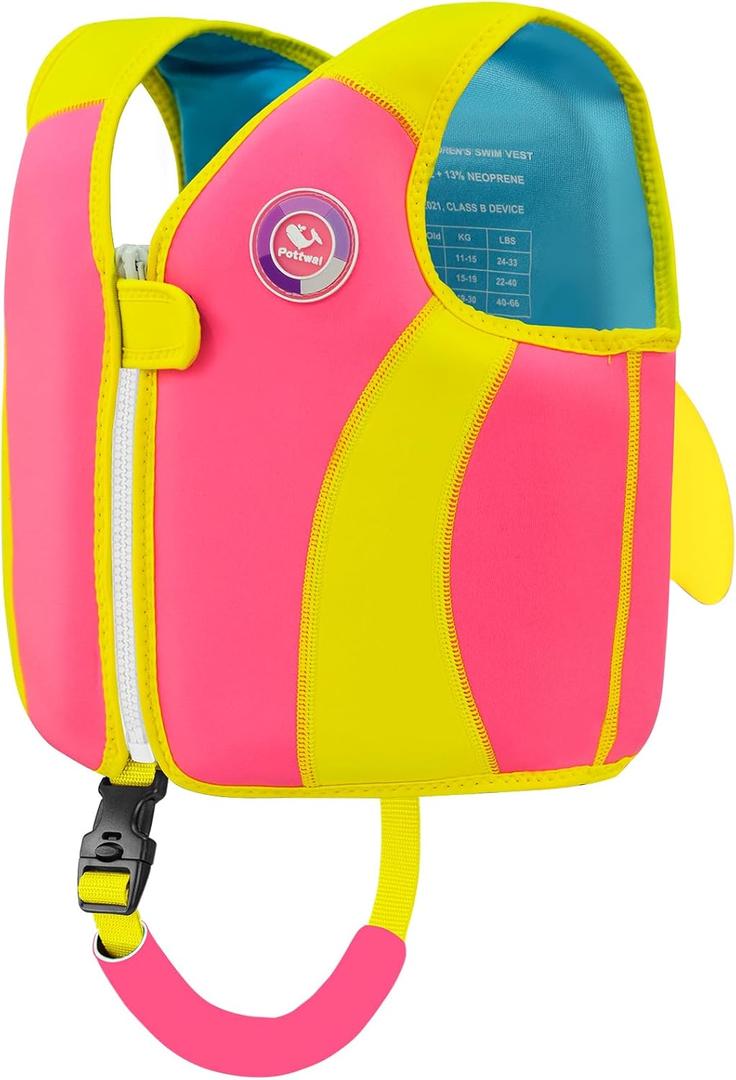 Pottwal Swim Vest for Kids - Swim Jacket for 1-2 Years (24-33LBS) - Buoyancy Aid Made of Neoprene & EPE - with Adjustable Crotch Strap (Small, Red Yellow)