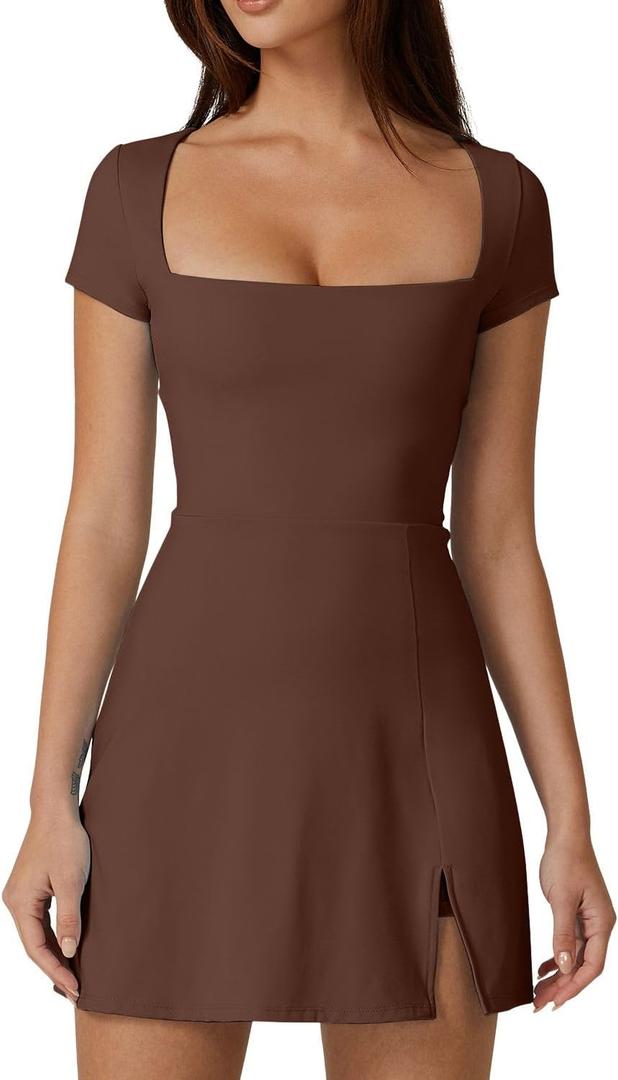 QINSEN Short Sleeve Athletic Dress for Women High Waist Side Slit Tennis Dress Built in Shorts Golf Active Dress Chestnut S