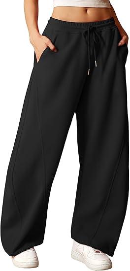 ELLEVEN Women's Y2K Wide Leg Sweatpants - High Elastic Waist Baggy Pants with Pockets & Adjustable Ankle Drawstring Cuffs (XS,Black)