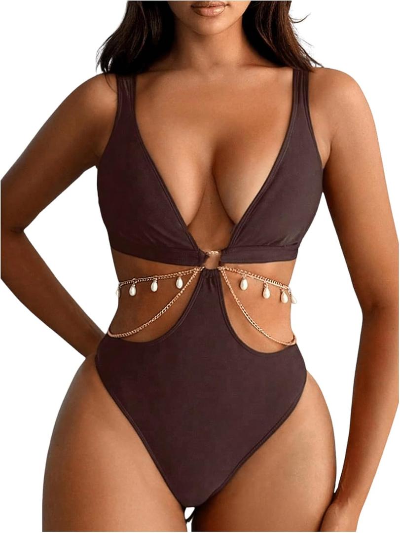 OYOANGLE Women's One Piece Swimsuit Ring Linked Cut Out Bathing Suit High Cut Swimwear (Medium, Coffee Brown)