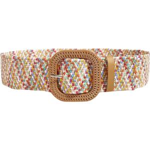 GORGLITTER Women's Woven Rattan Wide Stretch Straw Belt with Round Buckle (Fits waist: 33.5-37.4 inches, Beige)