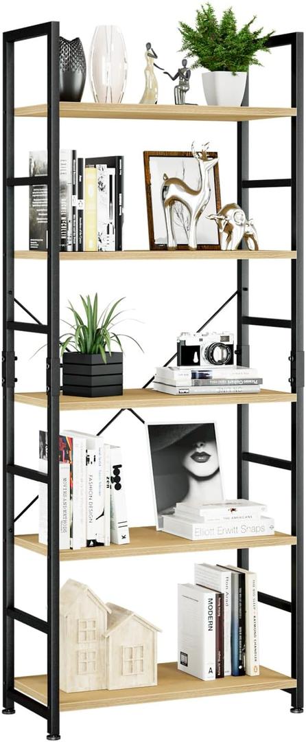 NUMENN 5 Tier Bookshelf, Tall Bookcase Shelf Storage Organizer, Modern Book Shelf for Bedroom, Living Room and Home Office, Natural