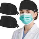 2 Pack Cotton Scrub Caps Women Men Satin Lined with Sweatband 4 Buttons