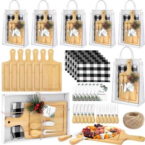 Kochorie 6 Sets Christmas Gifts Square Cheese Board Baby Bridal Shower Prizes for Game Winners Mini Cutting Board Tray with Cheese Knives Forks Kitchen Towels Christmas Party Supplies for Guests